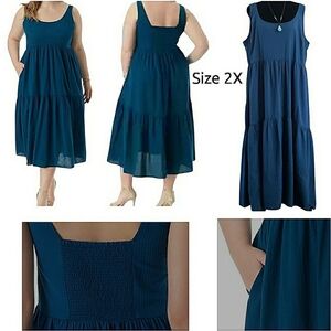 New 2X Tiered Cottage Casual Chore Pockets Farmhouse Smocked Midi Maxi Dress